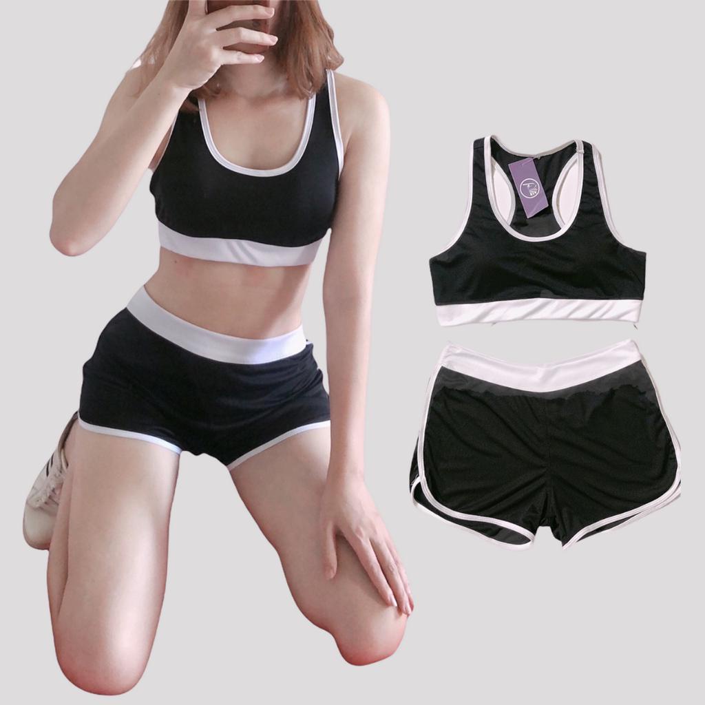 Đồ Tập Gym Nữ, Set Bộ Đùi Thể Thao Áo Bra Kèm Mút Quần Đùi 2 Phối Viền Hai Màu Đen Xám Yo