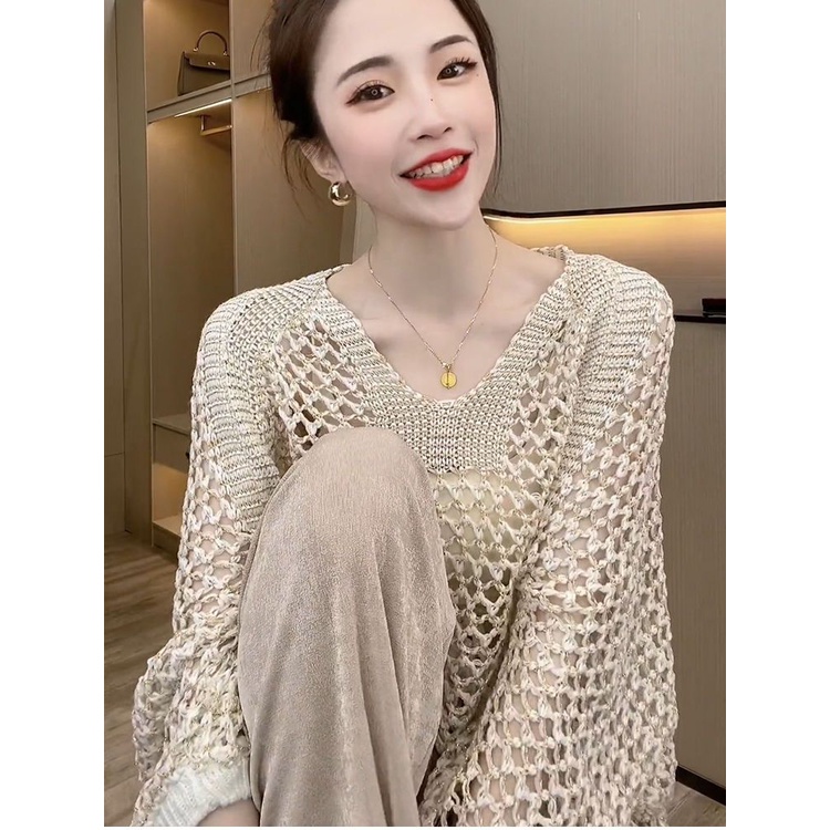 Áo Dệt Kim Mỏng Dáng Rộng Cổ Chữ v Thời Trang Xuân Thu Mới Cho Nữ