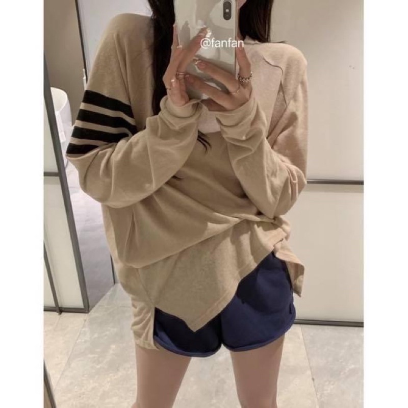 Áo thun tay dài kiểu nữ oversize form rộng sọc vằn thome browne - Order taobao quảng châu