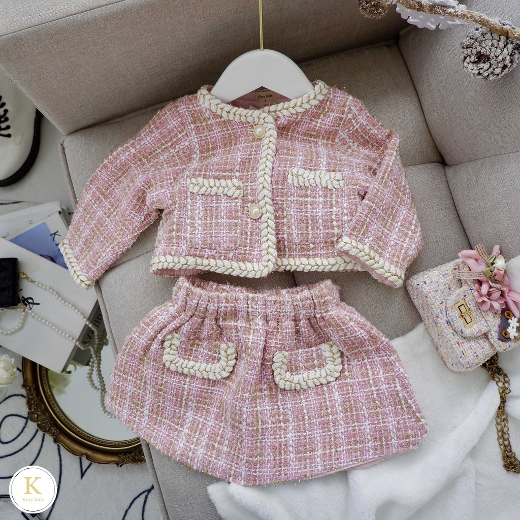 Set dạ bé gái Kiwy Kids chất liệu dạ tweed gồm áo khoác và chân váy cạp chun Kids2107N cho bé từ 9 tháng 11 tuổi