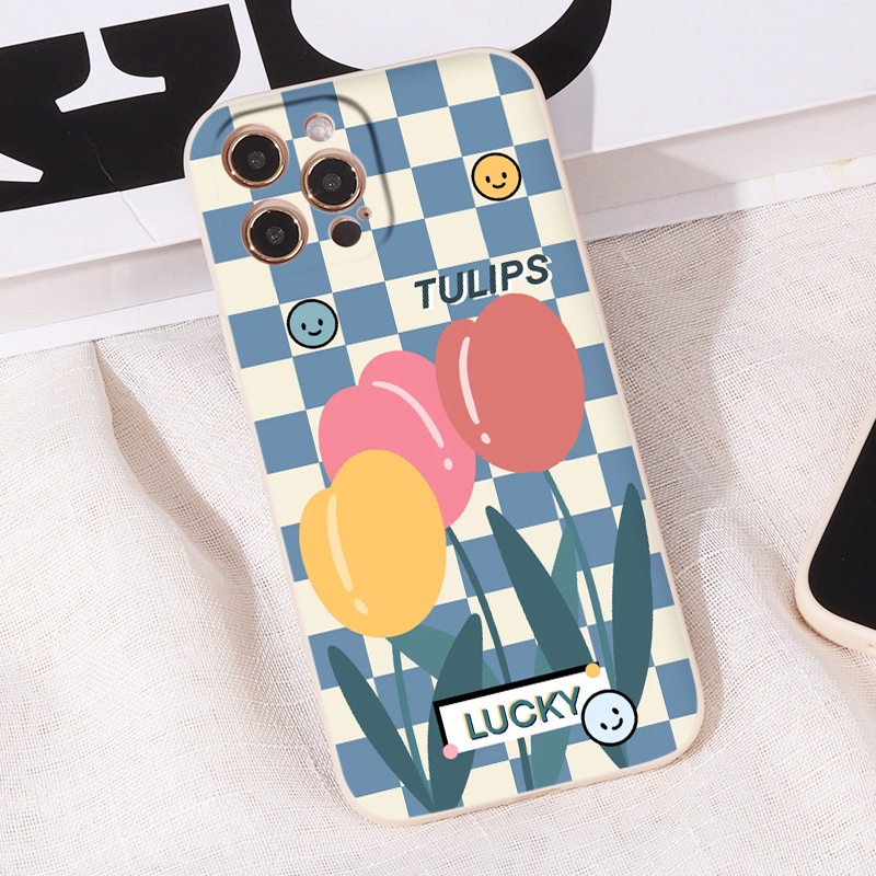 Ốp điện thoại iphone mềm hoa Tulip flower caro xinh xắn ốp Iphone 13 12 11 Pro Max Mini Xs Max Xr X 8 7Plus cạnh vuông