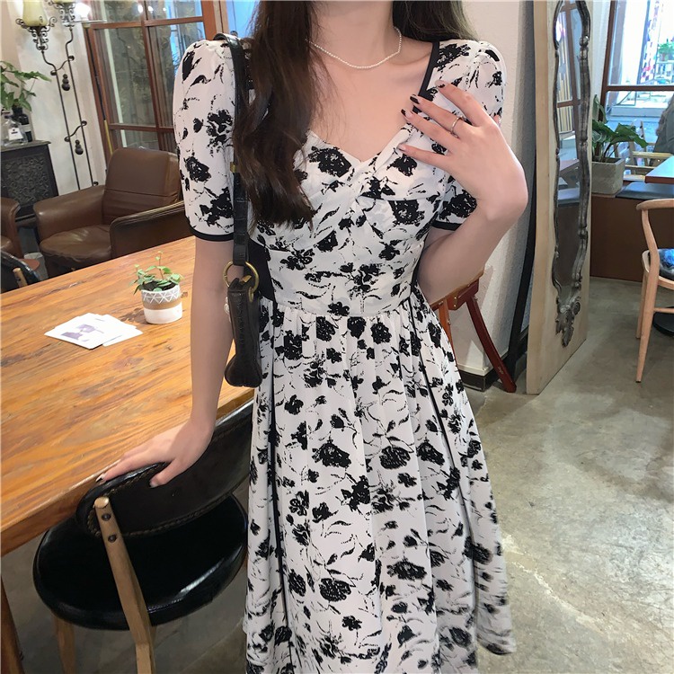 Đầm ZHELIHANGFEI dáng dài qua đầu gối chiffon có khóa kéo in họa tiết hoa nhỏ chất lượng cao xinh xắn