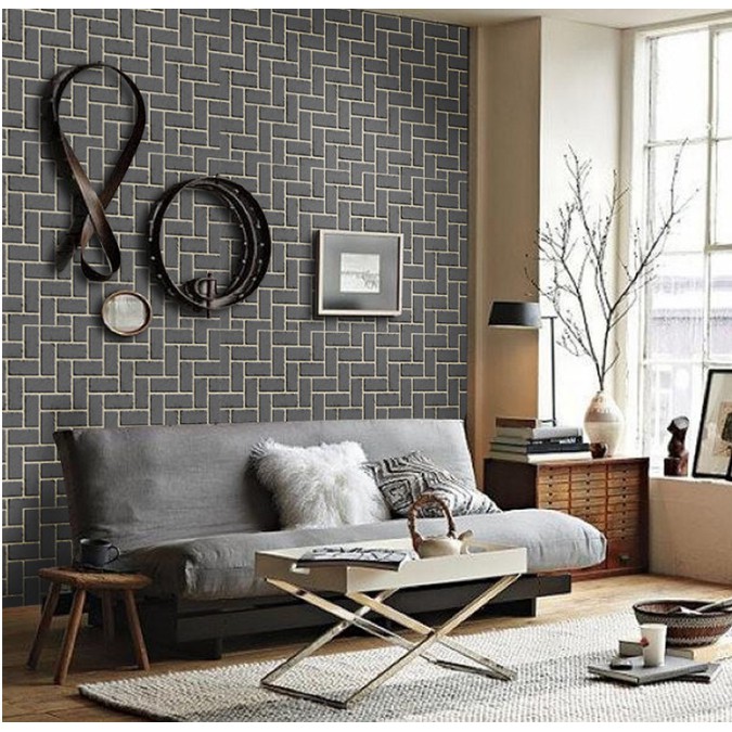 Decal giấy dán tường gạch xanh đan xen khổ 45cm keo sẵn