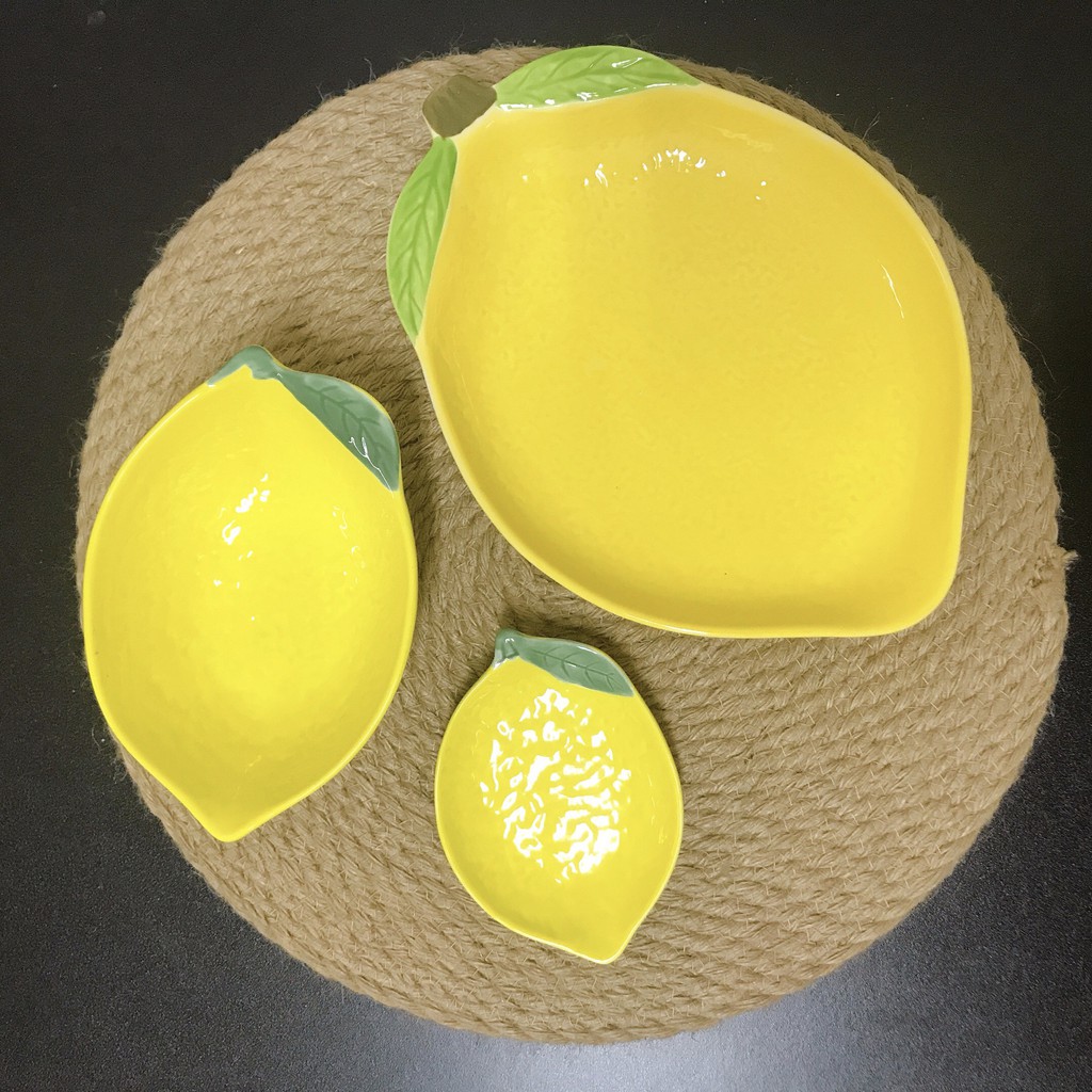 Set đĩa/dĩa hình quả chanh tây vàng lá xanh kèm bát nhỏ xinh xắn, đĩa đựng thức ăn cute 3.7.18