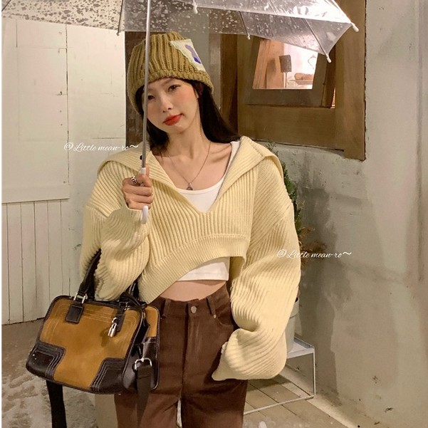 QADCOL Áo có mũ dài tay cổ chữ V dáng rộng thiết kế giản dị thời trang