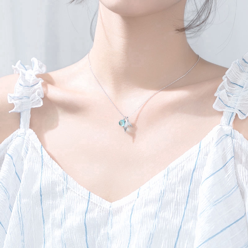 Dây Chuyền Mặt Nàng Tiên Cá Đính Đá Pha Lê Xanh MS08
