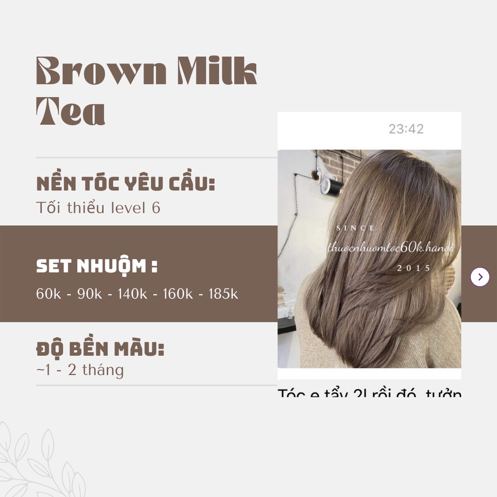 Thuốc nhuộm tóc màu Nâu Sữa, Nâu Trà Sữa, Nâu Xám Sữa, Trà Sữa kèm oxy găng tay