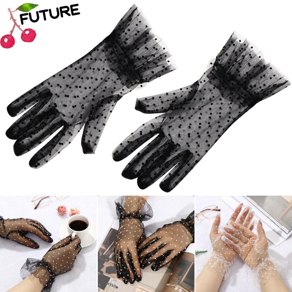 FUTURE Sunscreen Tulle Gloves Sexy Full Finger Mesh Mittens Lotus Leaf Women Elastic Transparentes Dot Printing/Multicolor