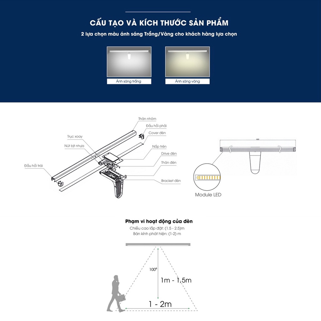Đèn chiếu gương Rạng Đông G04.PIR 8W - Đèn LED chiếu sáng gương trang điểm thông minh tự động bật/tắt