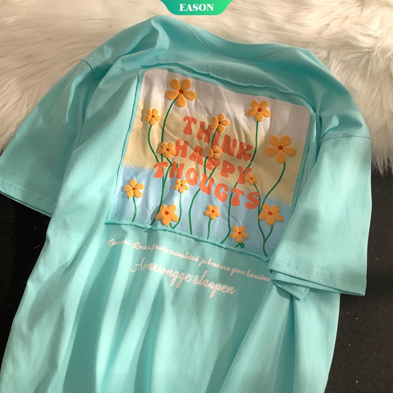 Áo Thun Cotton Tay Ngắn Dáng Rộng In Họa Tiết Hoa Và Chữ Thời Trang Mùa Hè Cho Nữ