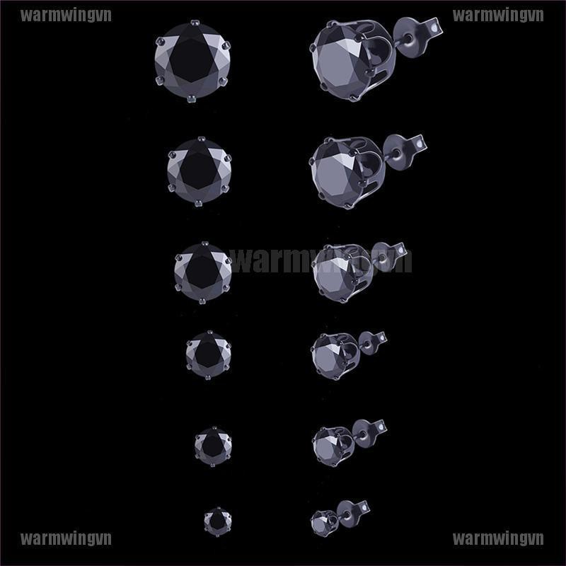6 Cặp Bông Tai Nam &amp; Nữ Hình Khối Tròn Bằng Thép Không Gỉ Màu Đen 3mm-8mm