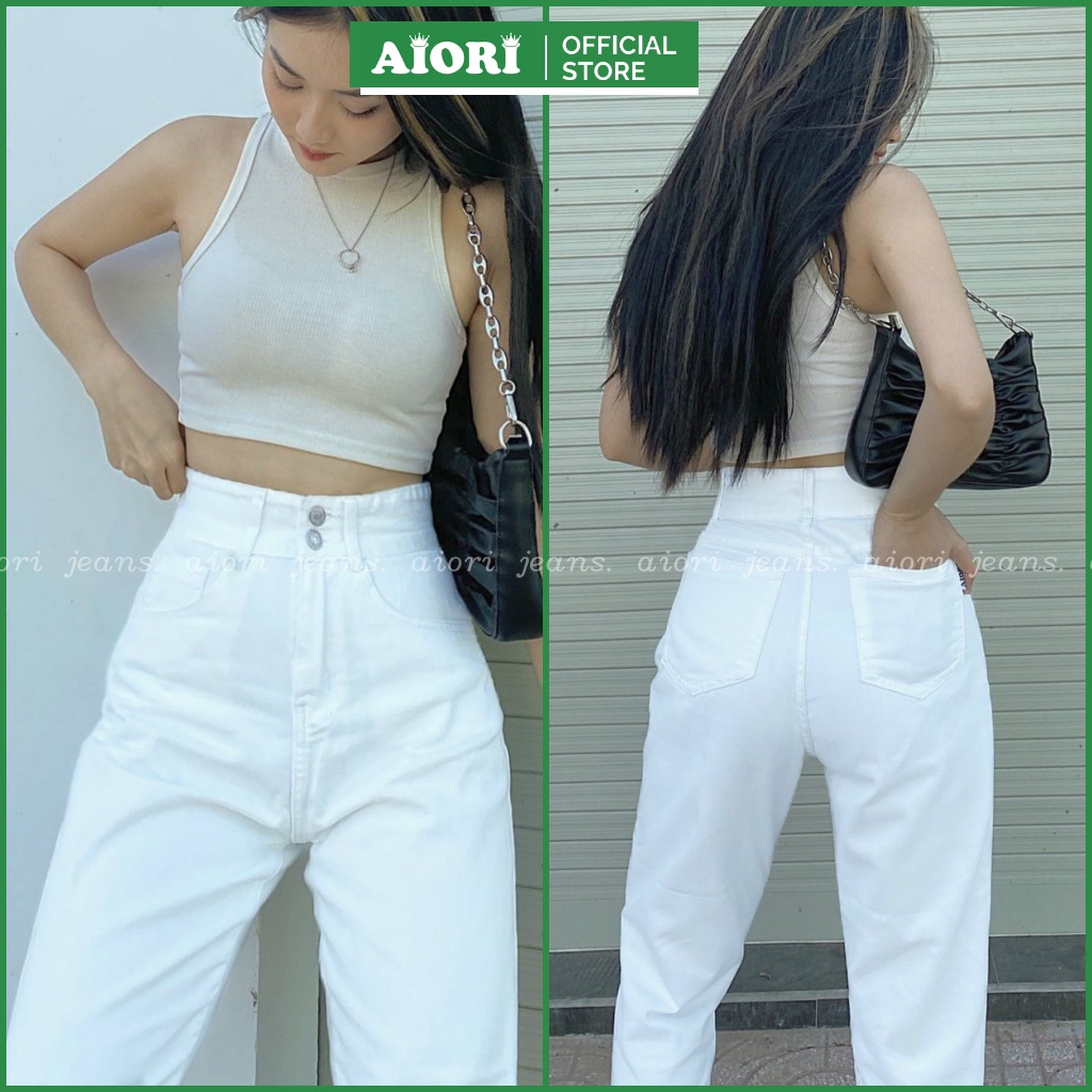 Quần Jean Nữ Aiori Lưng Cao Baggy Bò Trơn Màu Trắng Phong Cách Thời Trang_Mã B018