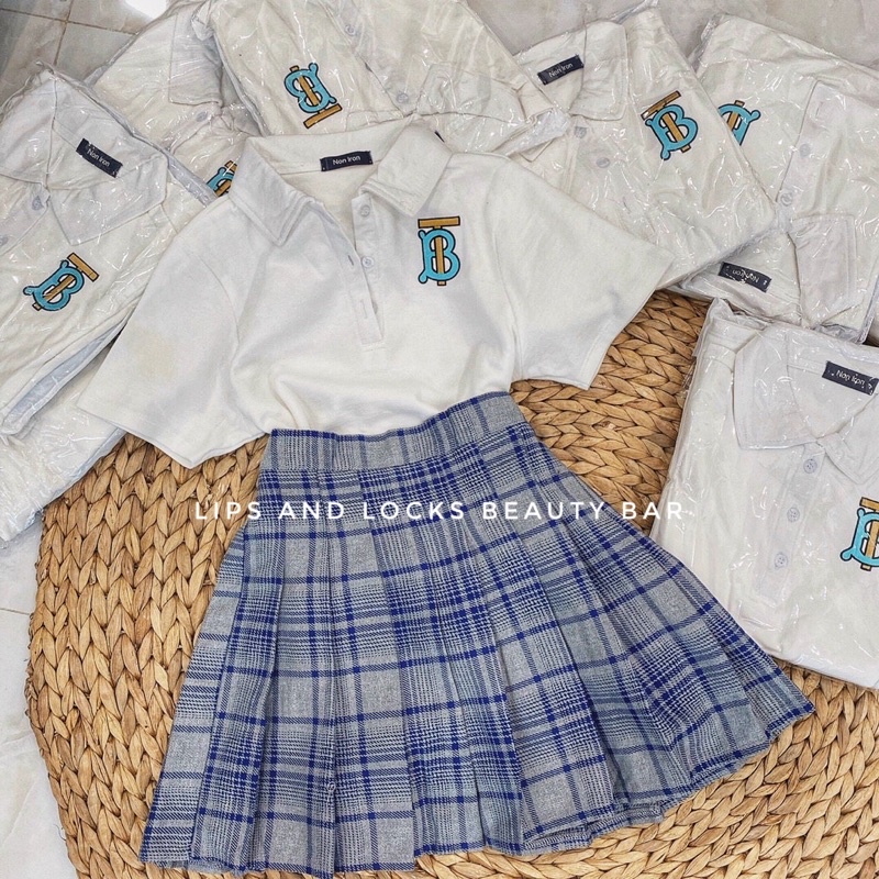 Set Áo Cổ Polo Kèm Chân Váy Caro Dập Li - Kèm Hình Thật