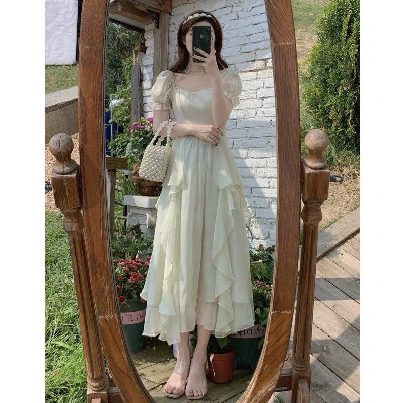 Đầm maxi voan nude kem bèo tầng cao cấp tay ngắn tiểu thư công chúa đi tiệc ulzzang