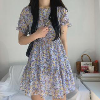 Đầm 33465 tay phồng cổ tròn in họa tiết hoa