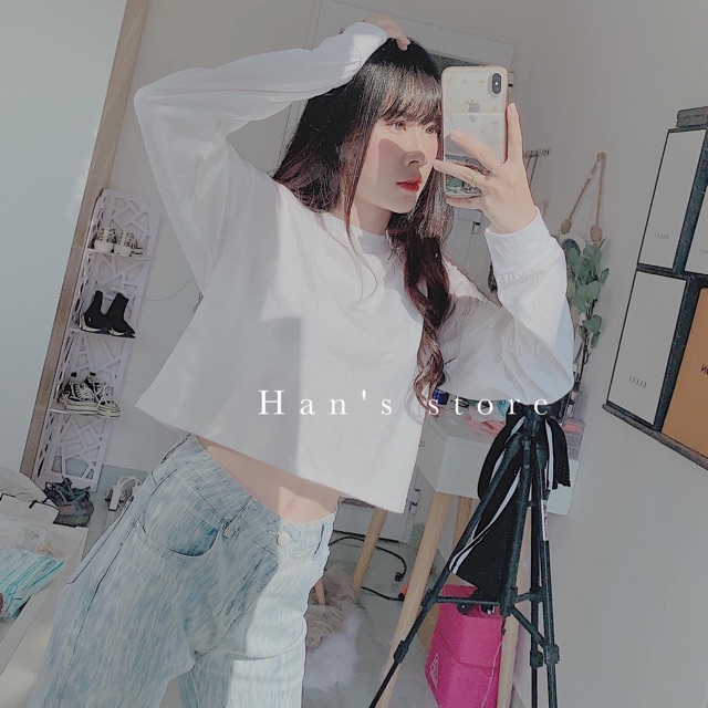 [Mã FAMAYWA giảm 10K đơn 50K] Áo thun croptop cổ tròn tay dài basic đen trắng ( sp y hình 100% ) | BigBuy360 - bigbuy360.vn