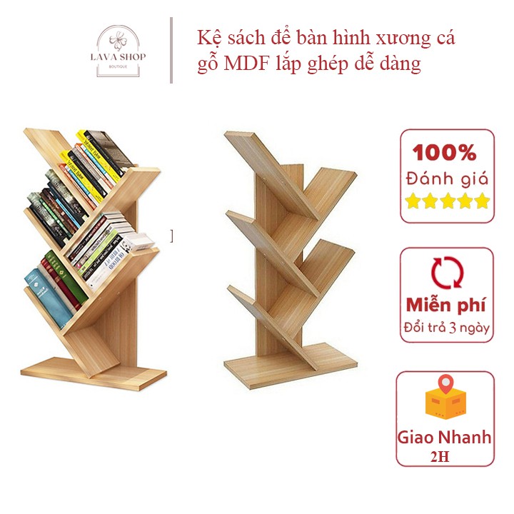 Kệ sách gỗ hình xương cá/Kệ gỗ 5 tầng đa năng để bàn gỗ MDF phủ Melamin, tháo lắp dễ dàng