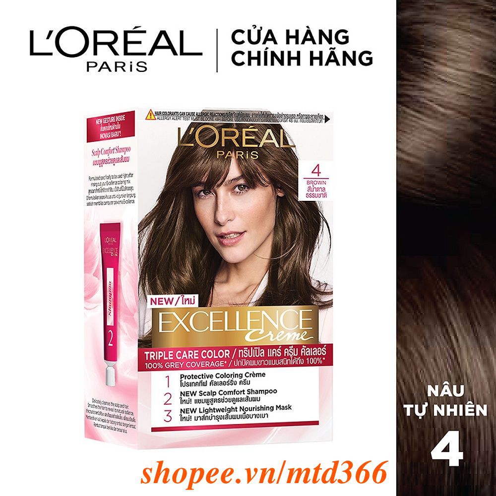 Thuốc Nhuộm Tóc Số 4 Nâu Tự Nhiên Loreal Excellence Cream 172ml Dưỡng Tóc Phủ Bạc.