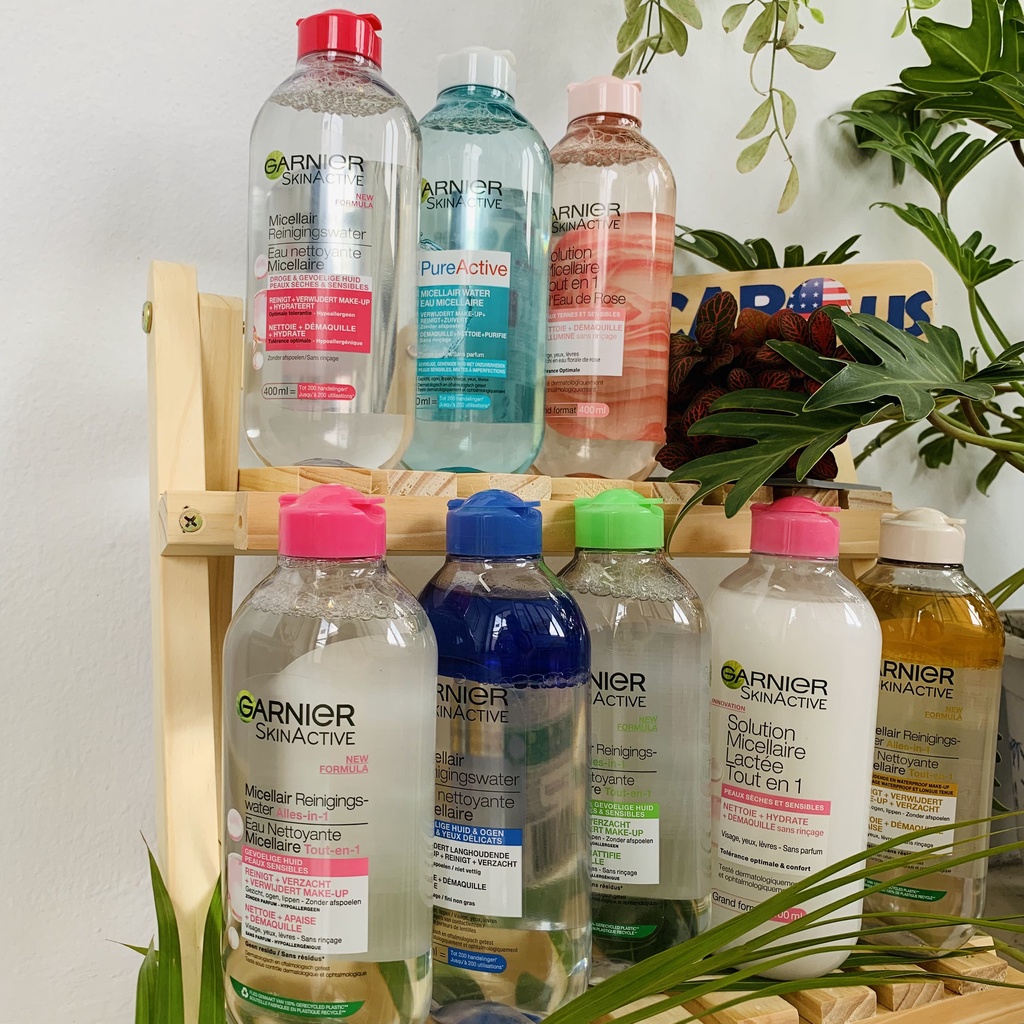 Nước Tẩy Trang Micellar Garnier Hồng Vàng Xanh Skinactive Cleansing Water tẩy trang, làm sạch sâu ngừa mụn sáng da 400ml