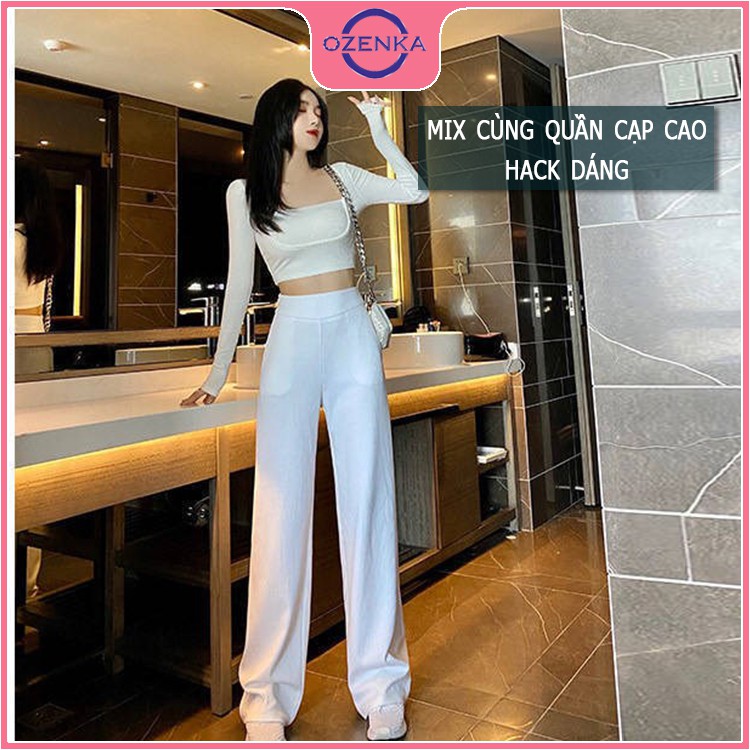 Áo croptop dài tay nữ len tăm tôn ngực ozenka dáng ôm sang chảnh màu đen trắng size dưới 52 cân