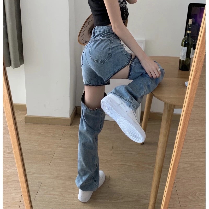 Quần bò jeans ống rộng kéo khoá đùi hở đùi có thể tháo dời Ulzzang siêu chất ❤️
