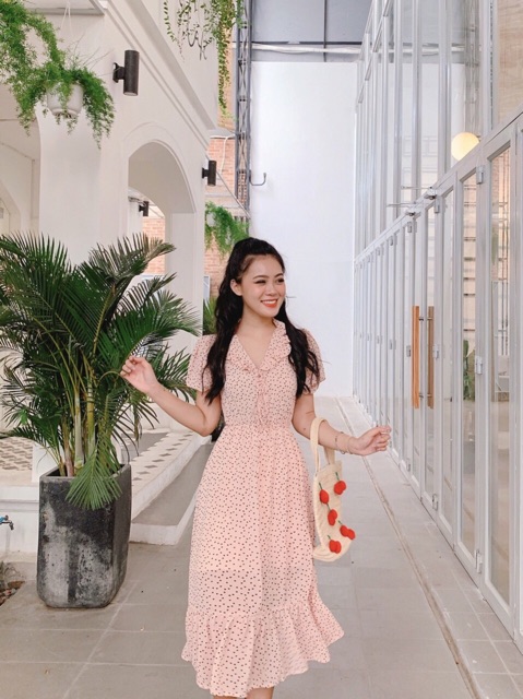 ĐẦM CHẤM BI 2 màu viền bèo 2 lớp xd