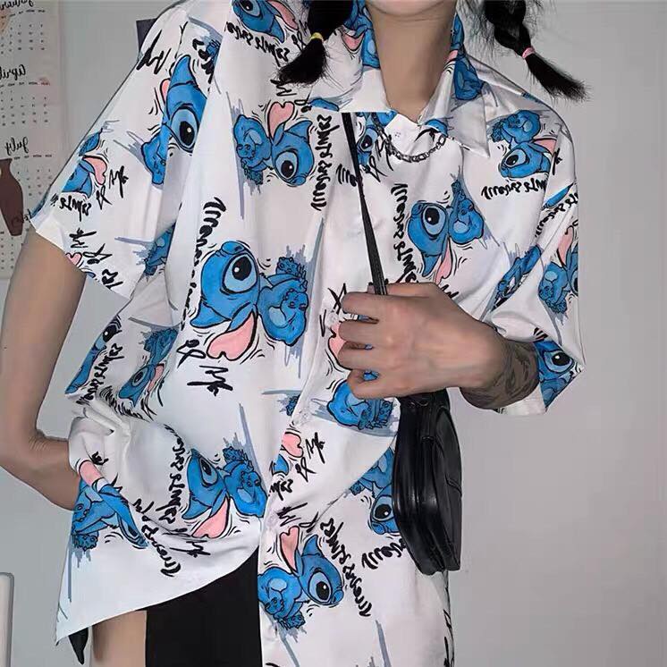 Áo Sơ Mi Họa Tiết Hoạt Hình Tay Lỡ Dáng Rộng Ulzzang Unisex, Sơ Mi Đi Biển - MM