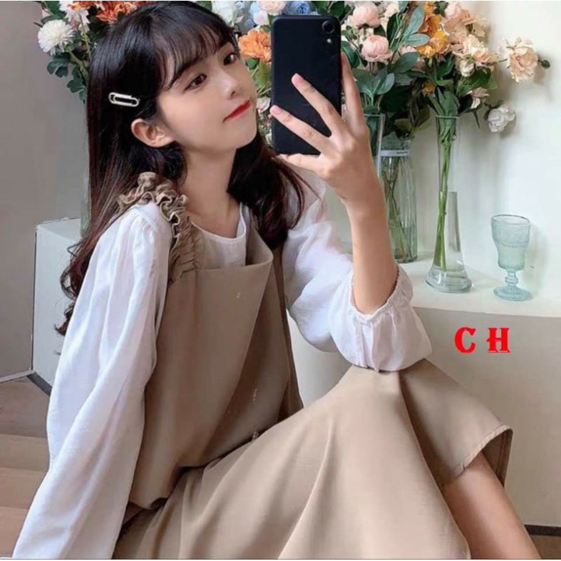 Sét Váy Yếm Kaki 2 Dây Rúm Kèm Áo Sơ Mi Tay Bồng 🦋 Bộ Váy Kèm Áo Sơ mi Korea Chất Đũi voan lụa mềm 🦋