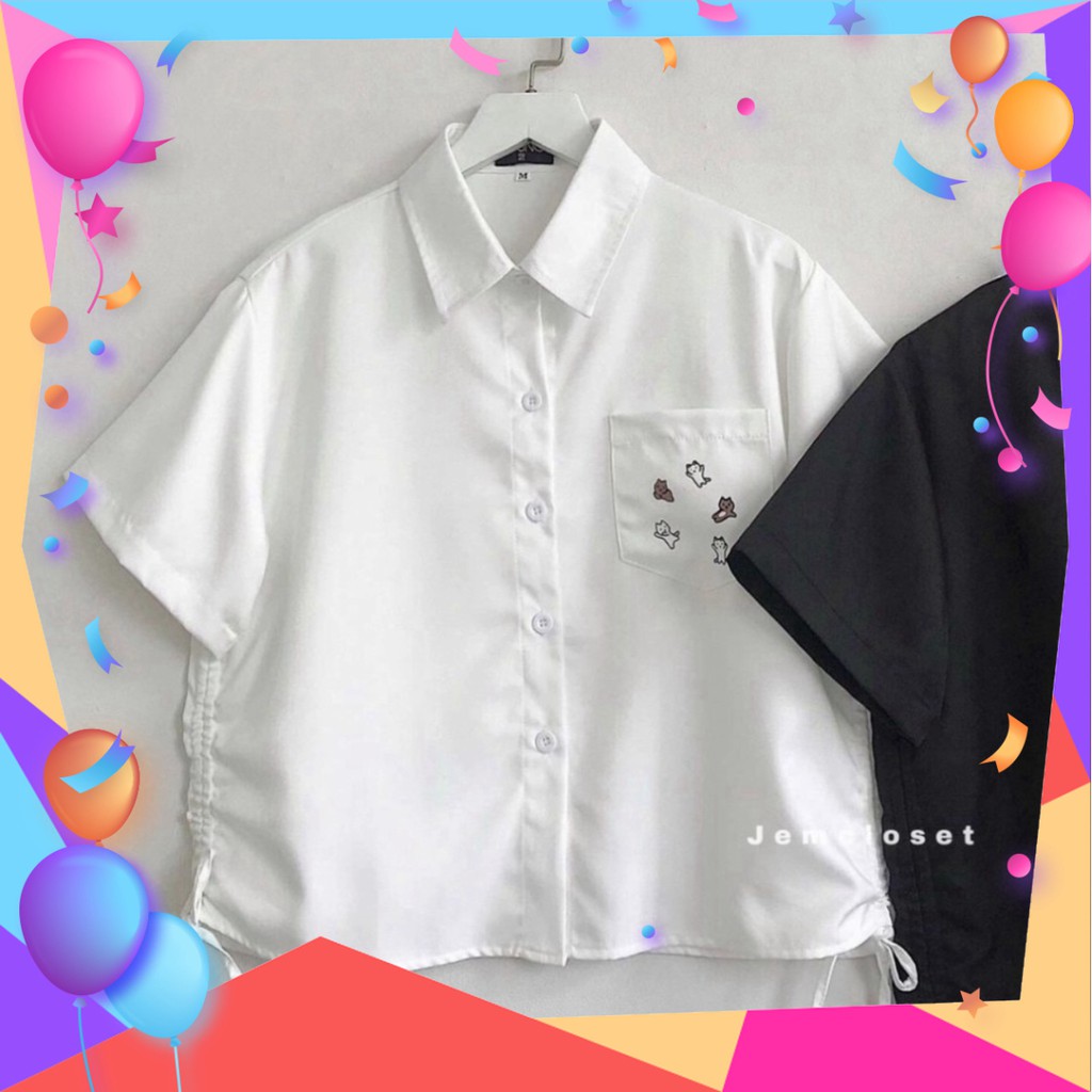 KOREA ÁO SƠ MI TRẮNG RÚT 2 BÊN HÔNG NỮ - Áo croptop sơ mi dây rút eo KOS Đen Trắng Túi Ngực Hình Thỏ