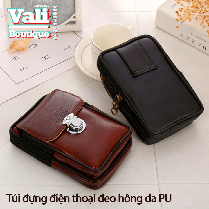 Túi đựng điện thoại giả da PU bóng đeo ngang hông kiểu dọc T5 - Túi đeo thắt lưng giả da PU bóng kiểu dọc - đen, nâu.