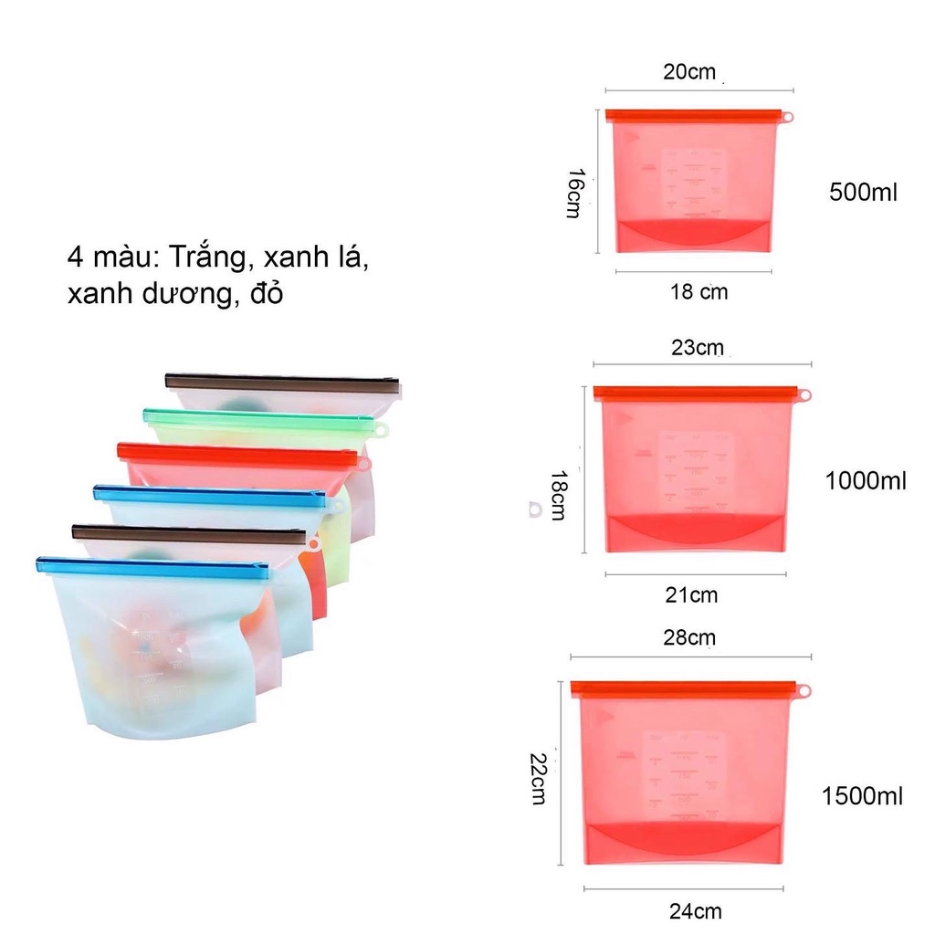 Túi zip silicone đựng đồ ăn, túi bảo quản đồ ăn, chịu nhiệt tốt dung tích 500ml, 1000ml, 1500ml