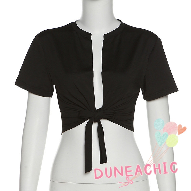 DUNEA Áo Croptop Ngắn Tay Phối Dây Thắt Thời Trang Gợi Cảm Dành Cho Nữ