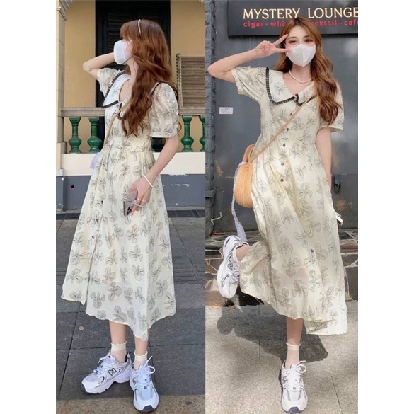 Đầm Midi hoa cổ sen viền đen