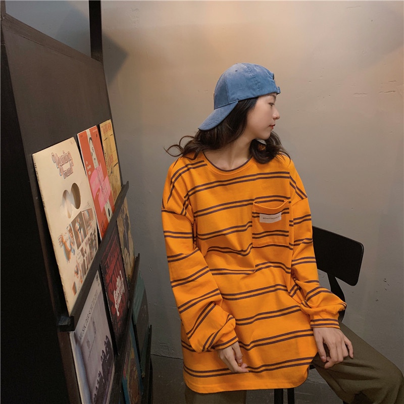 Áo sweatshirt IELGY họa tiết sọc dáng rộng tay dài thiết kế mỏng phong cách Hàn Quốc dành cho nữ