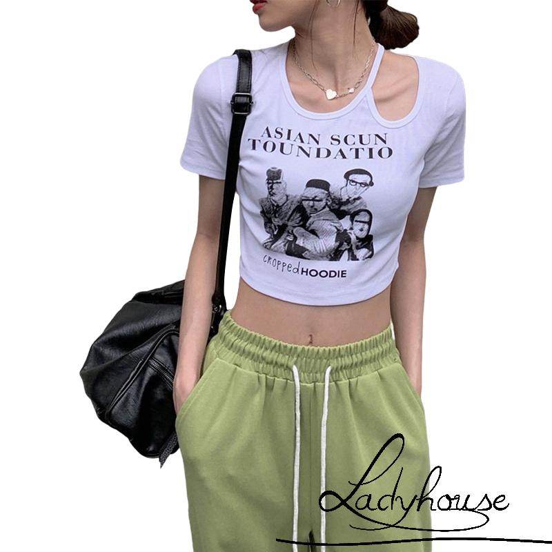 Áo Thun Croptop Tay Ngắn Cổ Tròn In Chữ Thời Trang Mùa Hè Dành Cho Nữ