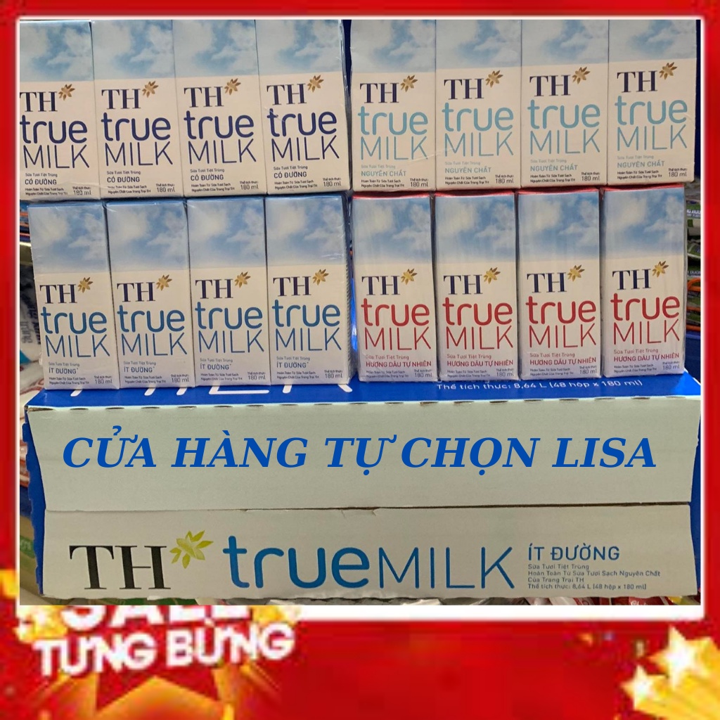 Thùng sữa tươi TH True Milk có đường/ít đường/nguyên chất 180ml