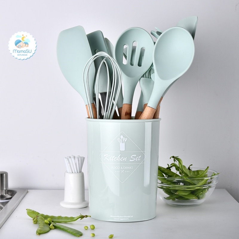 Bộ dụng cụ nhà bếp đa năng 9 món silicone chống trầy nồi chảo làm bánh chế biến nấu đồ ăn cho bé và gia đình