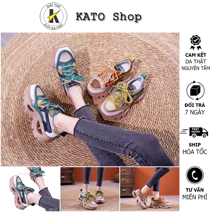 Giày Thể Thao Sneaker Nữ - Da Thật Nhẹ Êm Cao 5 Phâm Cm - Khỏe Khoắn - Phối Màu Nâu Vàng Xanh - KATO Shop K745