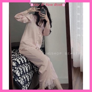 Đồ bộ pijama dài tay thu đông mặc nhà nữ phối ren cao cấp đồ ngủ lụa satin cao cấp