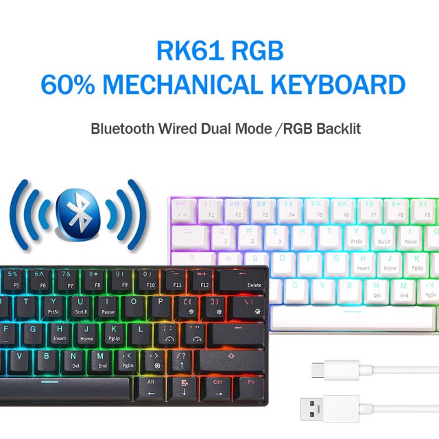 HOTSWAP - Bàn phím cơ không dây Royal Kludge RK61 RGB, Gồm 61 phím kết nối Bluetooth kép pin sạc 1000mAh | BigBuy360 - bigbuy360.vn