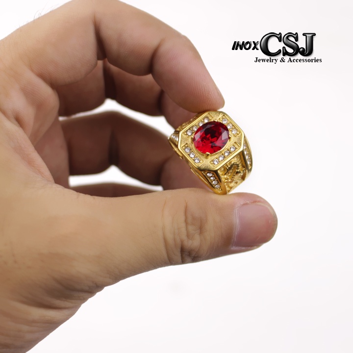 Nhẫn inox nam mạ vàng 24k đính đá phong thủy theo tuổi, màu đỏ, đen, xanh dương, xanh lá