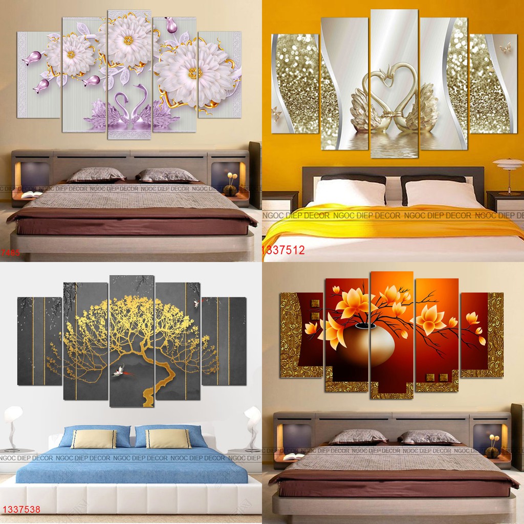 Bộ tranh 5 tấm decor phòng khách sang trọng, tranh dán tường có sẵn băng keo