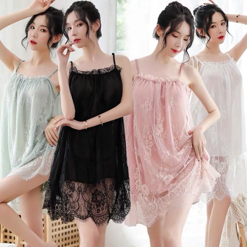 Váy ngủ 2 dây lụa nữ liền thân xẻ tà 1 bên cao cấp gợi cảm - Đồ ngủ nữ sexy
