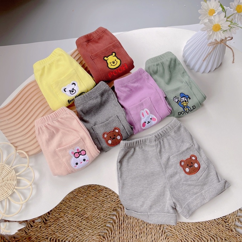 Quần đùi thêu túi cho bé short tăm gân mềm bé trai bé gai