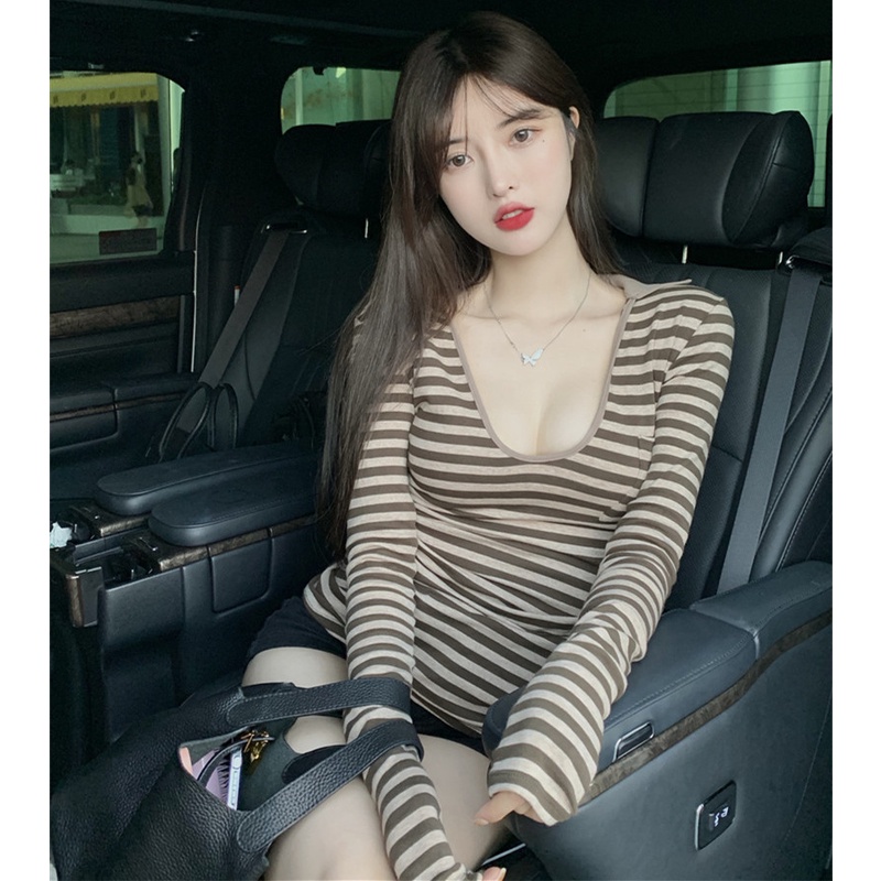 Áo Kiểu Tay Dài Cổ Chữ V Họa Tiết Kẻ Sọc Thời Trang Mùa Đông Xinh Xắn Cho Nữ