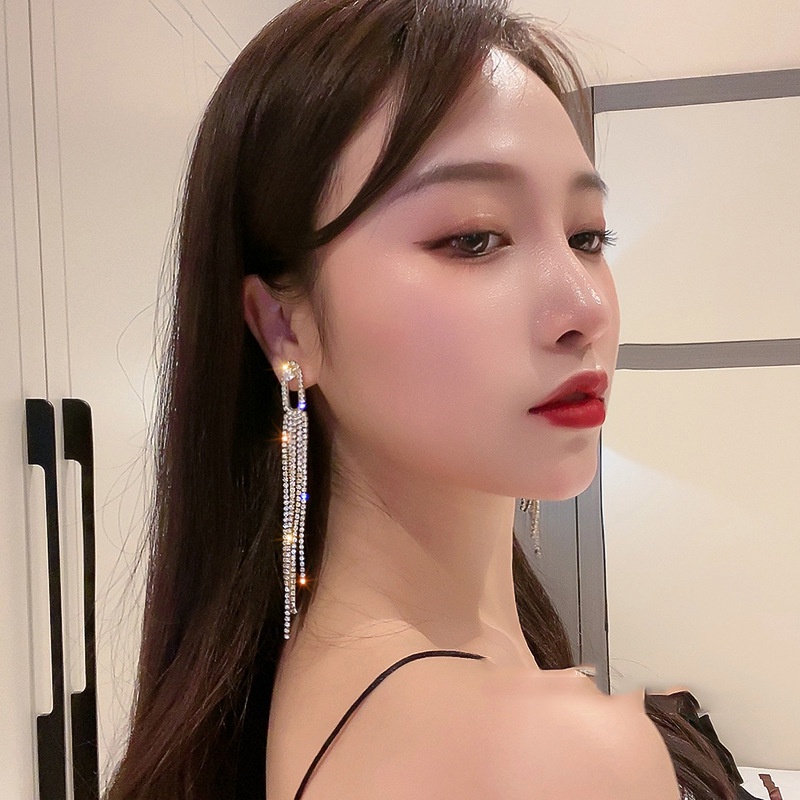 Bông tai bạc 925 đính đá kim cương phối tua rua co giãn thời trang mới cho nữ