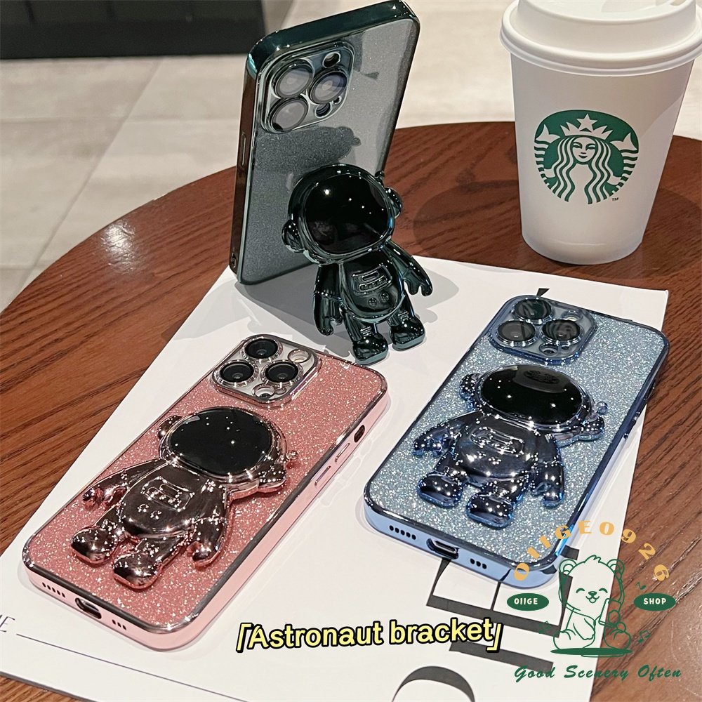 Ốp Điện Thoại Trong Suốt Kèm Giá Đỡ Hình Phi Hành Gia Lấp Lánh Cho Iphone 14 / 13 Promax