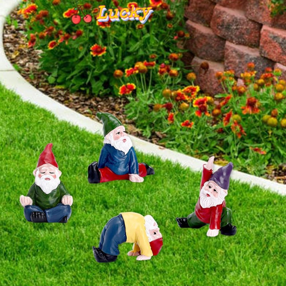 LUCKY 4 PCS Flower Pot Decor Fairy Garden Accessories Statue Miniature Garden Gnomes Collectible Figurines Ornaments Outdoor Indoor Yoga Gnomes