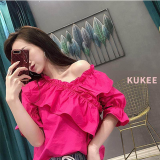 Kukee 2021 áo sơ mi ngắn tay cổ chữ v tay áo sơ mi Han Fan Mu tai mới