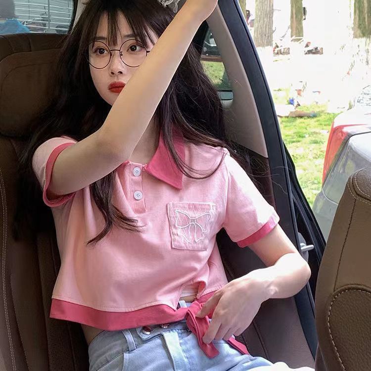 Áo polo Tay Ngắn Thêu Họa Tiết Khối Màu Sắc Mới Cho Nữ